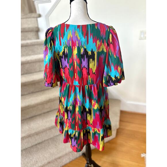Crosby by Mollie Burch Red Multicolor Abstract Ikat Print Puff Sleeve Dress - Picture 3 of 6